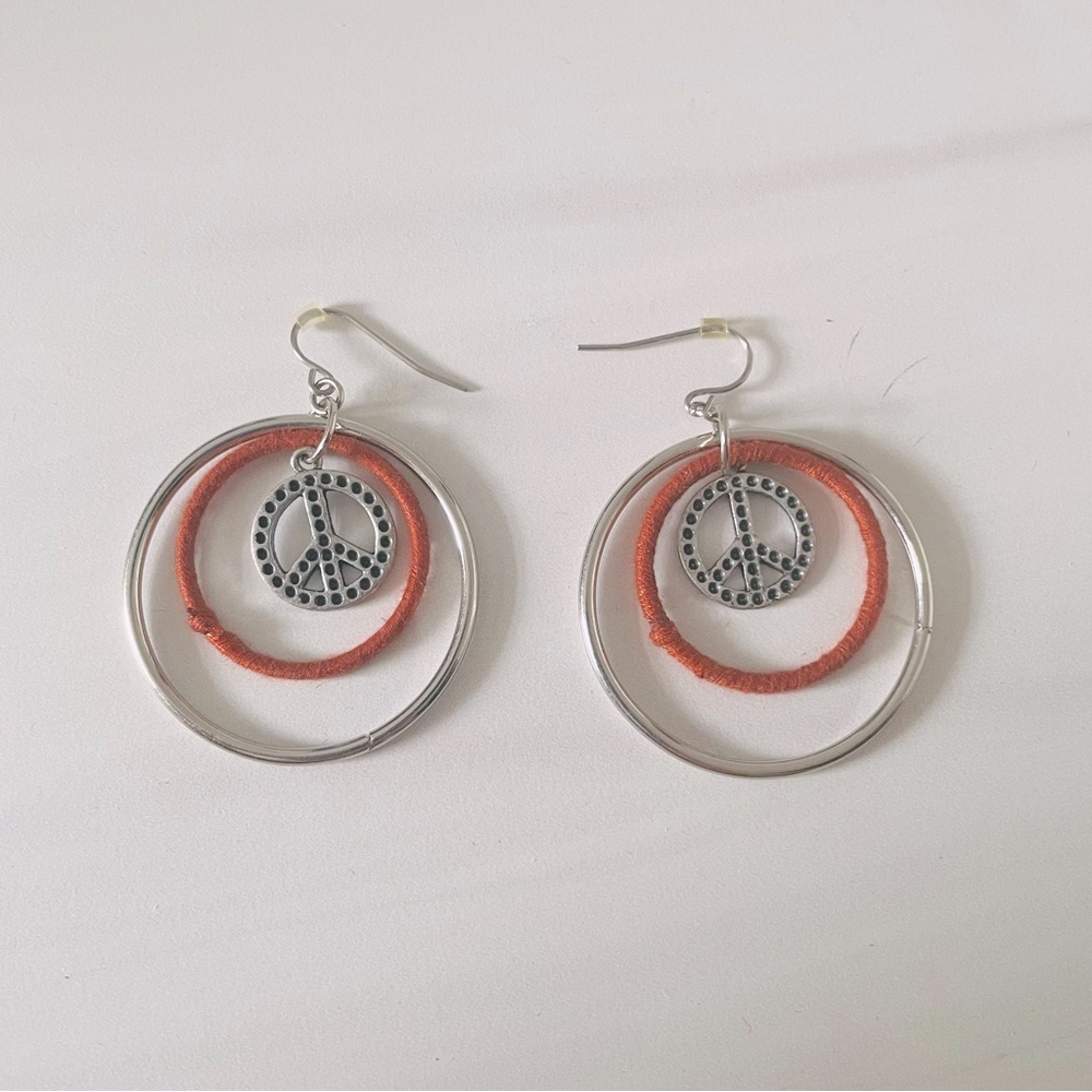 Boho Festival Peace Sign Dangle Multi Hoop Earrings- Pierced Ears